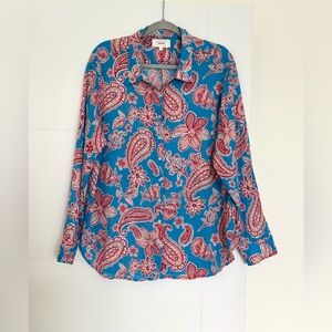 Xirena Eva Blue Red Paisley Floral Button Down Cotton Shirt Top Sz Large